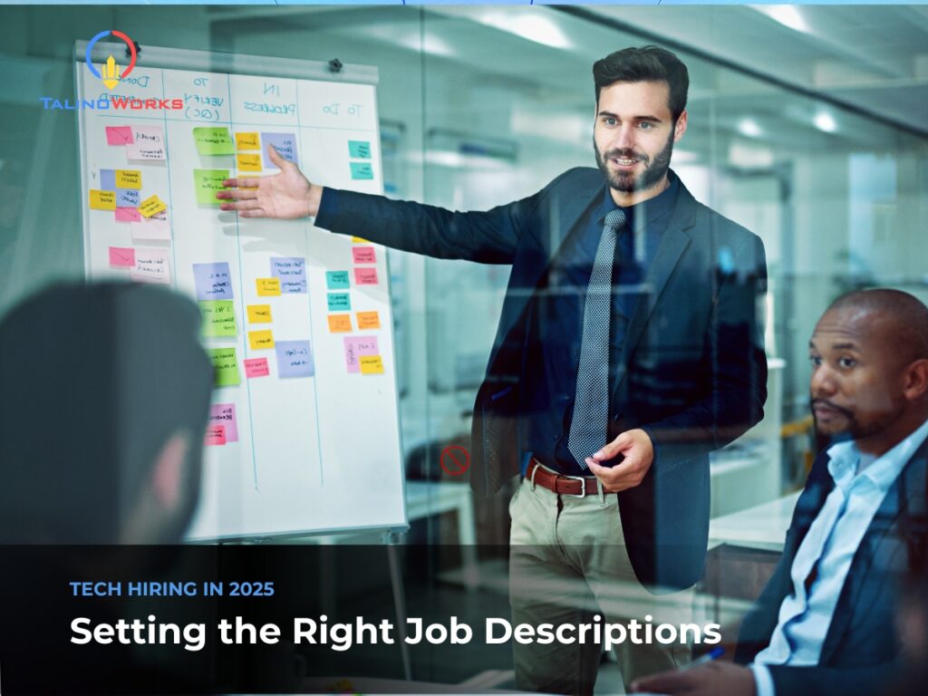 A professional guys presenting in a meeting pointing to a board with a number of sticky notes