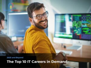 IT tech guy happy looking back sitting in front of this computer